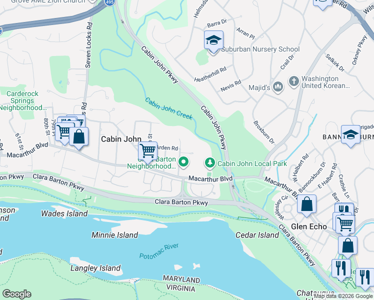 map of restaurants, bars, coffee shops, grocery stores, and more near 7409 Arden Road in Cabin John