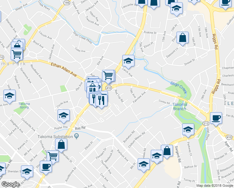map of restaurants, bars, coffee shops, grocery stores, and more near 6816 Red Top Road in Takoma Park