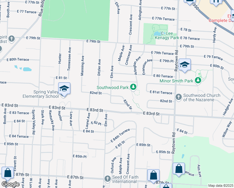 map of restaurants, bars, coffee shops, grocery stores, and more near 9304 82nd Street in Raytown