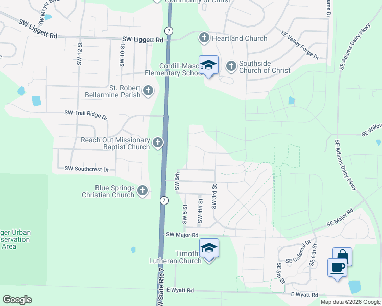 map of restaurants, bars, coffee shops, grocery stores, and more near 4812 Southwest 5th Street in Blue Springs