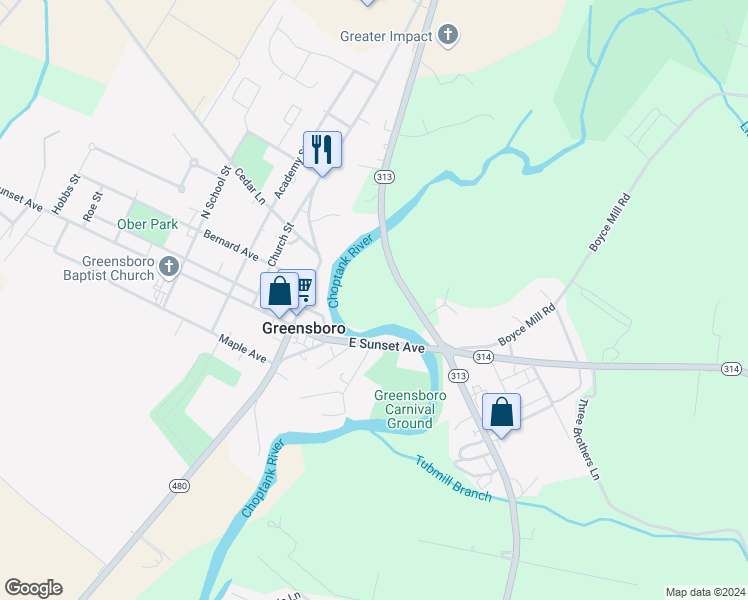 map of restaurants, bars, coffee shops, grocery stores, and more near 13416 Greensboro Road in Greensboro