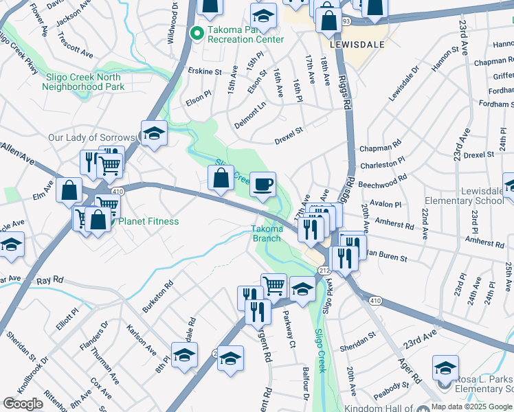map of restaurants, bars, coffee shops, grocery stores, and more near 1418 East-West Highway Service Road in Hyattsville