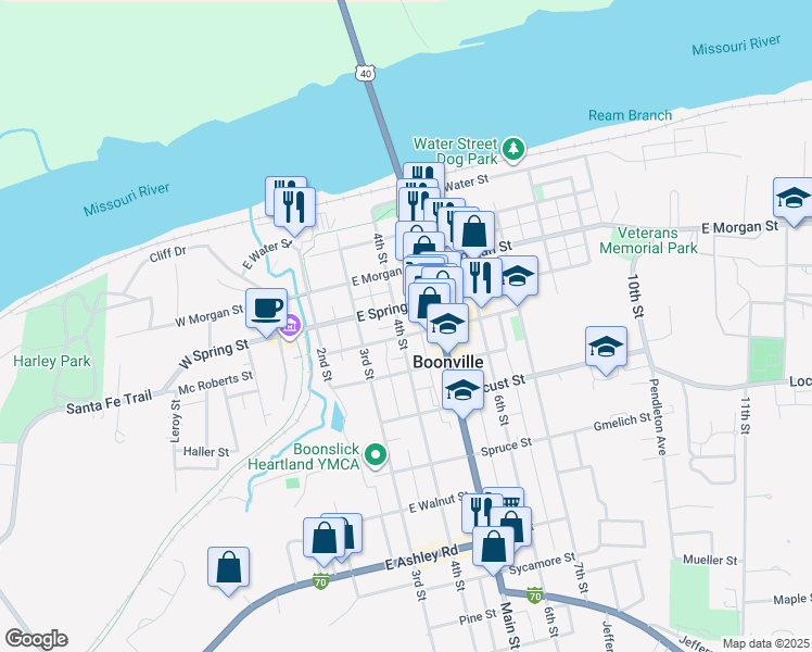 map of restaurants, bars, coffee shops, grocery stores, and more near 412 4th Street in Boonville