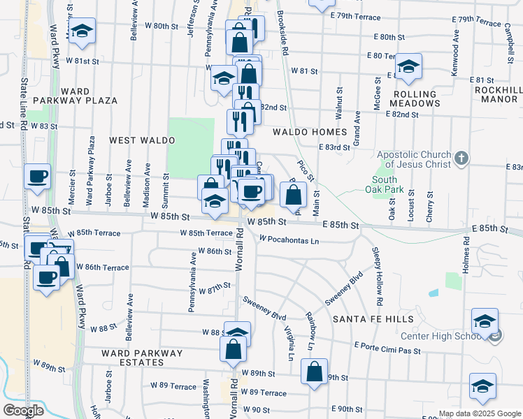 map of restaurants, bars, coffee shops, grocery stores, and more near in Kansas City