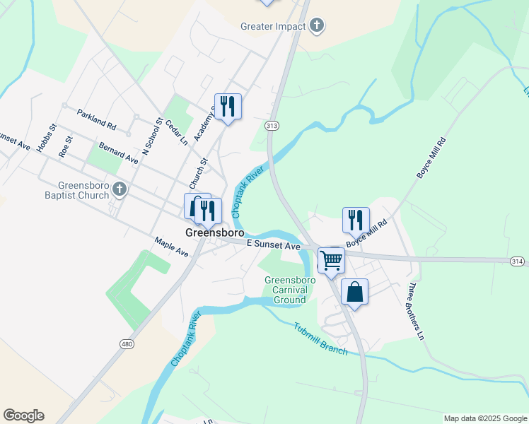 map of restaurants, bars, coffee shops, grocery stores, and more near 13416 Greensboro Road in Greensboro
