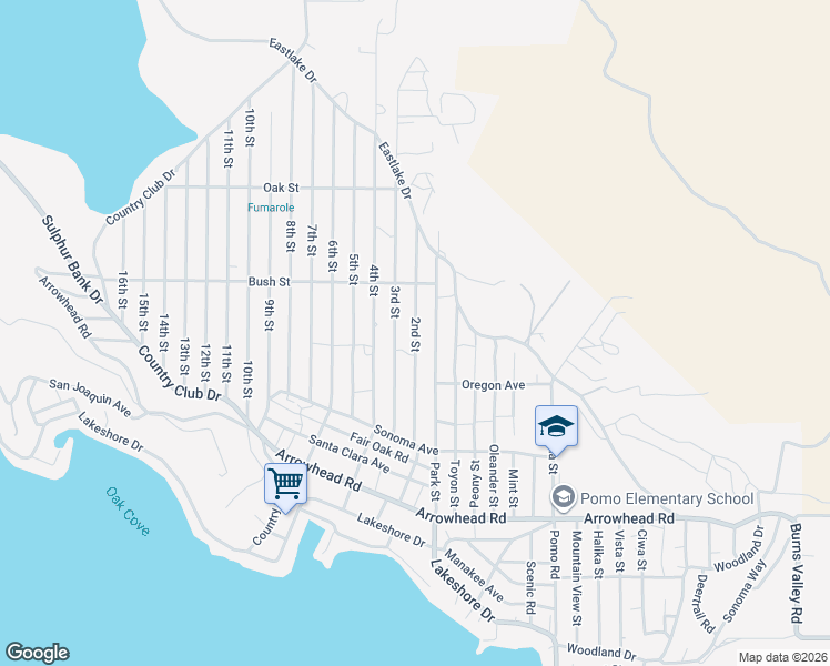 map of restaurants, bars, coffee shops, grocery stores, and more near 2nd Street in Clearlake
