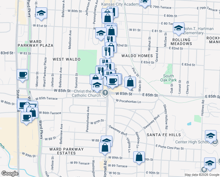 map of restaurants, bars, coffee shops, grocery stores, and more near in Kansas City