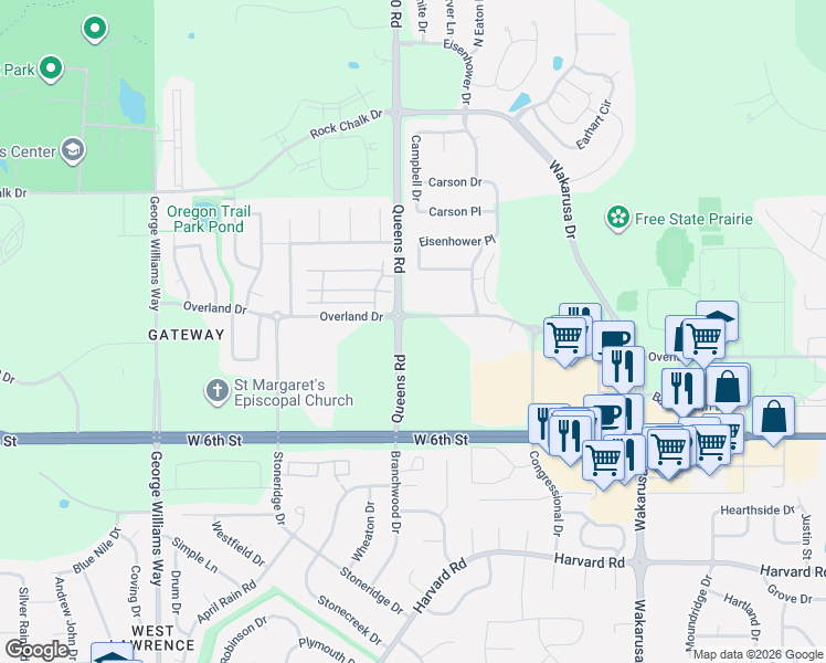 map of restaurants, bars, coffee shops, grocery stores, and more near 5245 Overland Drive in Lawrence