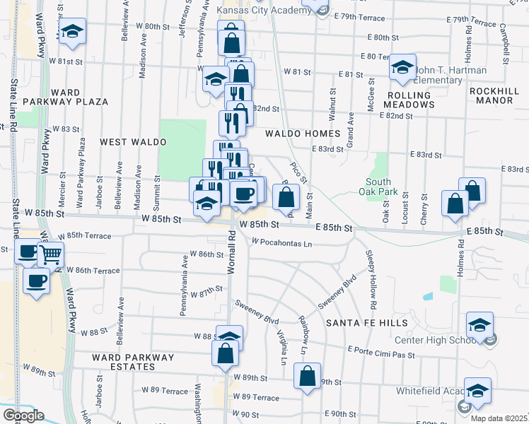 map of restaurants, bars, coffee shops, grocery stores, and more near 207 West 84th Terrace in Kansas City