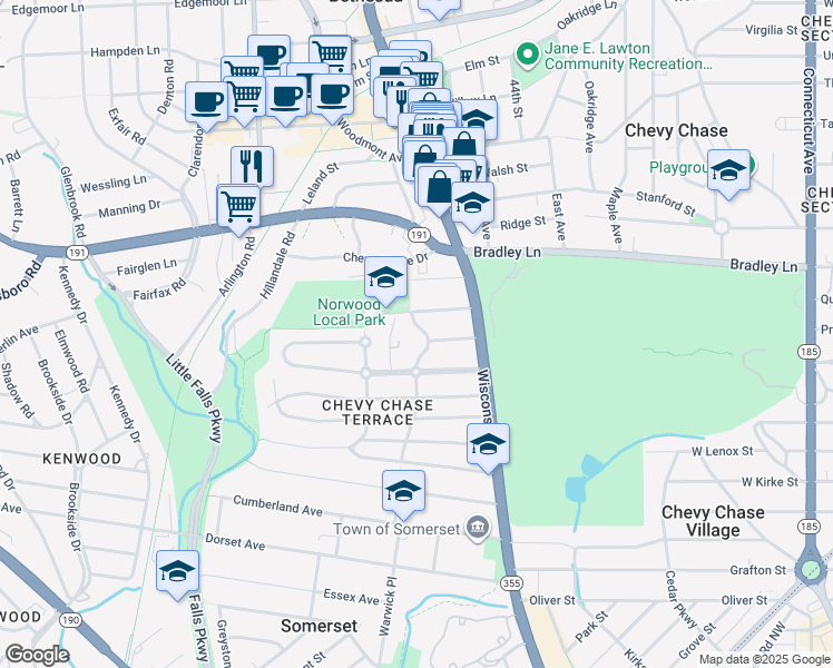 map of restaurants, bars, coffee shops, grocery stores, and more near 6504 Stratford Road in Chevy Chase
