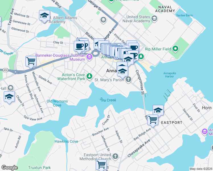 map of restaurants, bars, coffee shops, grocery stores, and more near 88 Market Street in Annapolis