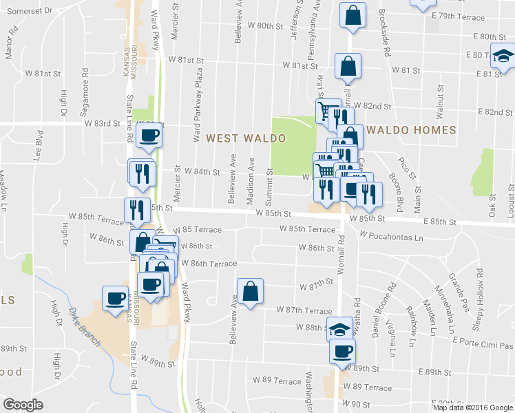 map of restaurants, bars, coffee shops, grocery stores, and more near 818 West 85th Street in Kansas City