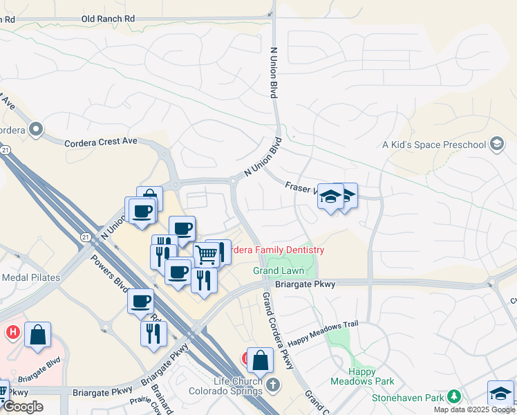 map of restaurants, bars, coffee shops, grocery stores, and more near 4741 Trinidad Lake Court in Colorado Springs