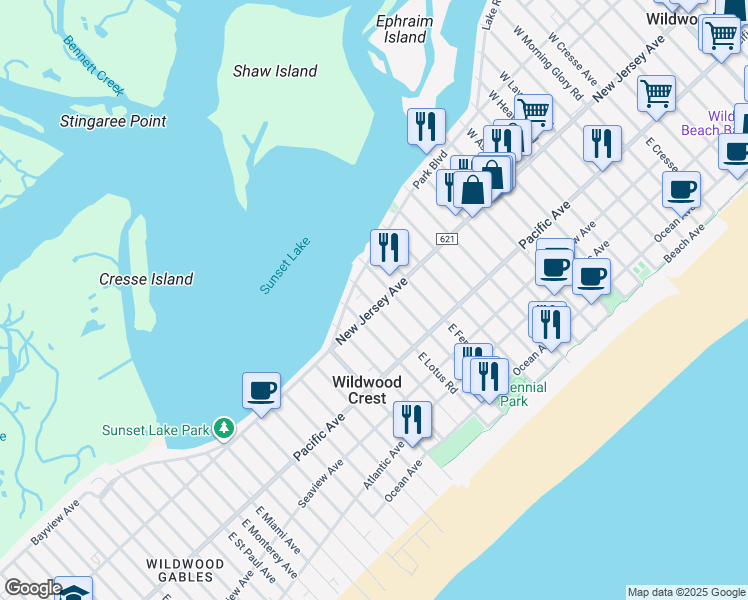 map of restaurants, bars, coffee shops, grocery stores, and more near 100 West Lotus Road in Wildwood Crest