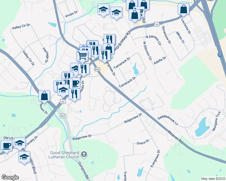 map of restaurants, bars, coffee shops, grocery stores, and more near 1340 Tamarack Circle in Florence
