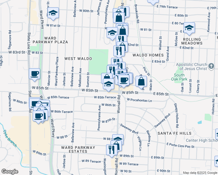 map of restaurants, bars, coffee shops, grocery stores, and more near 420 West 85th Street in Kansas City