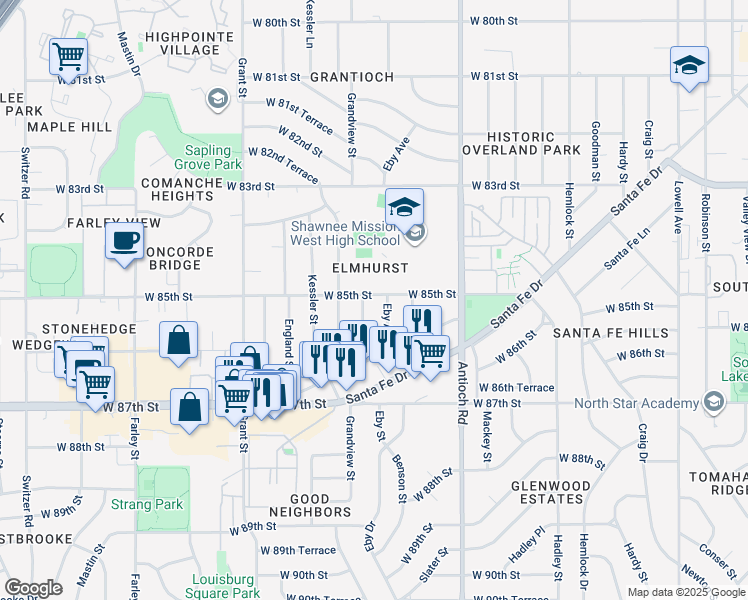 map of restaurants, bars, coffee shops, grocery stores, and more near 8503 Grandview Avenue in Overland Park