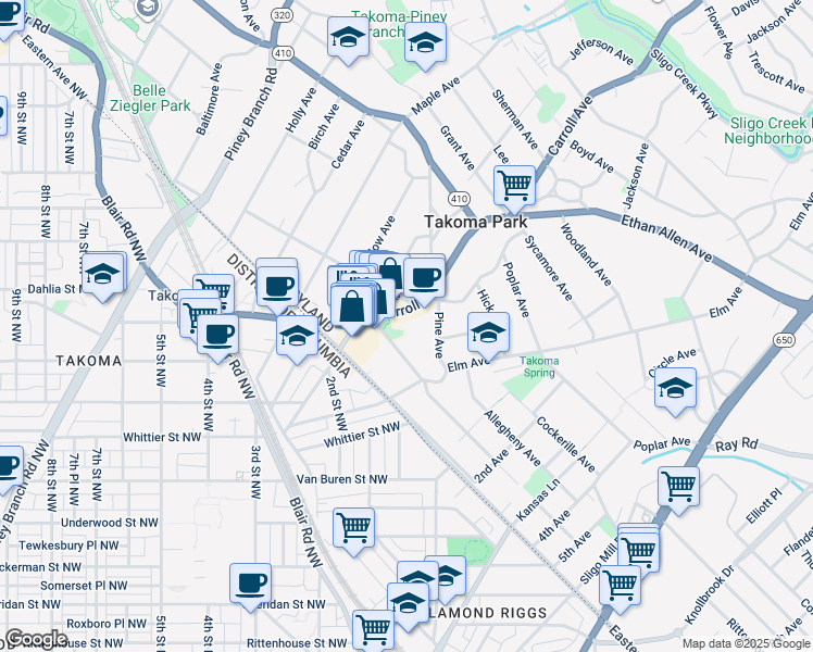 map of restaurants, bars, coffee shops, grocery stores, and more near 7051 Carroll Avenue in Takoma Park