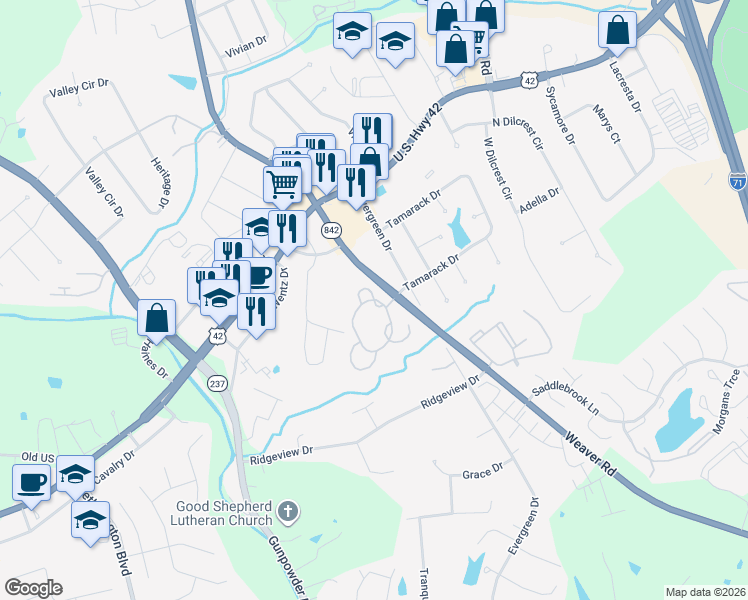 map of restaurants, bars, coffee shops, grocery stores, and more near 1001 Tamarack Circle in Florence