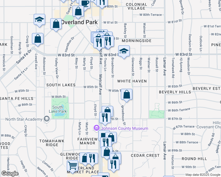 map of restaurants, bars, coffee shops, grocery stores, and more near 6900 West 85th Terrace in Overland Park