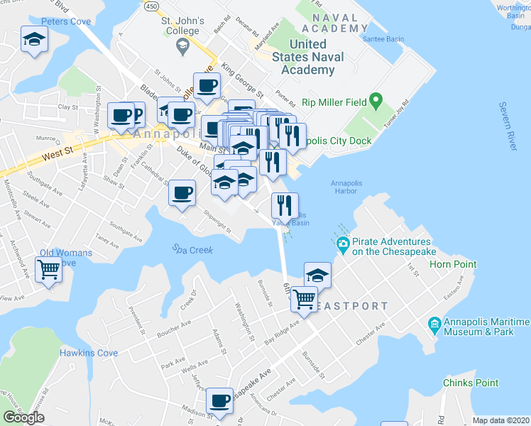 map of restaurants, bars, coffee shops, grocery stores, and more near 90 Duke of Gloucester Street in Annapolis