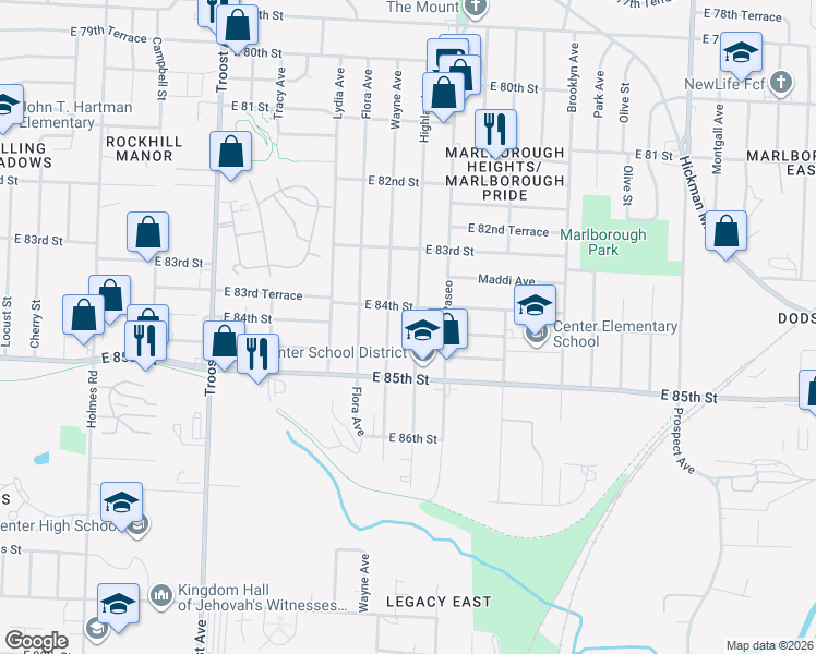 map of restaurants, bars, coffee shops, grocery stores, and more near 8422 Highland Avenue in Kansas City