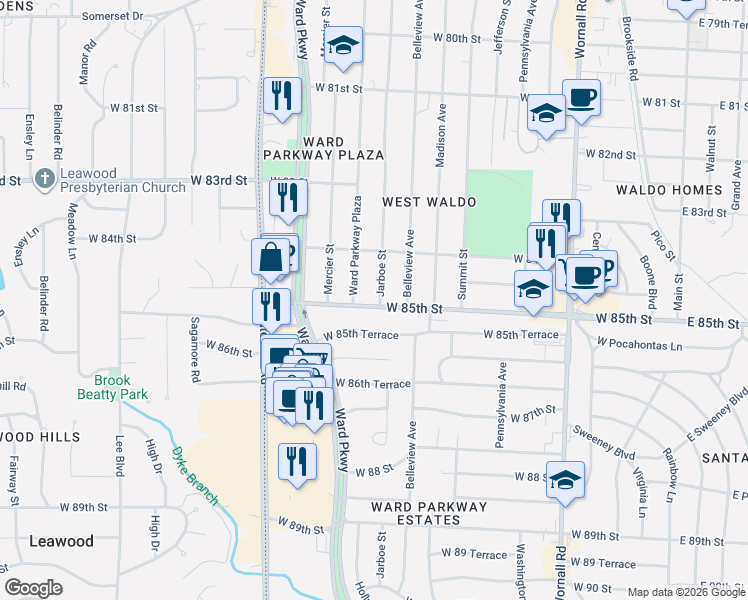 map of restaurants, bars, coffee shops, grocery stores, and more near 8440 Jarboe Street in Kansas City