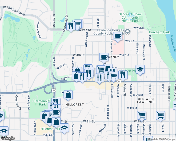map of restaurants, bars, coffee shops, grocery stores, and more near 512 Wisconsin Street in Lawrence