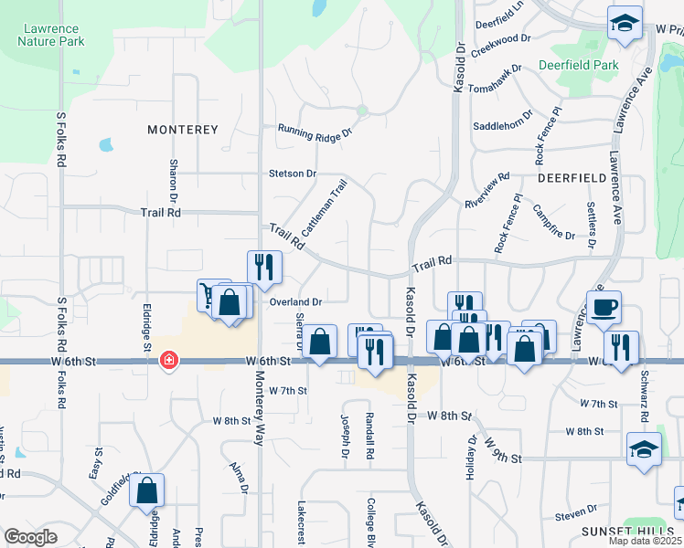 map of restaurants, bars, coffee shops, grocery stores, and more near 405 Tall Grass Drive in Lawrence