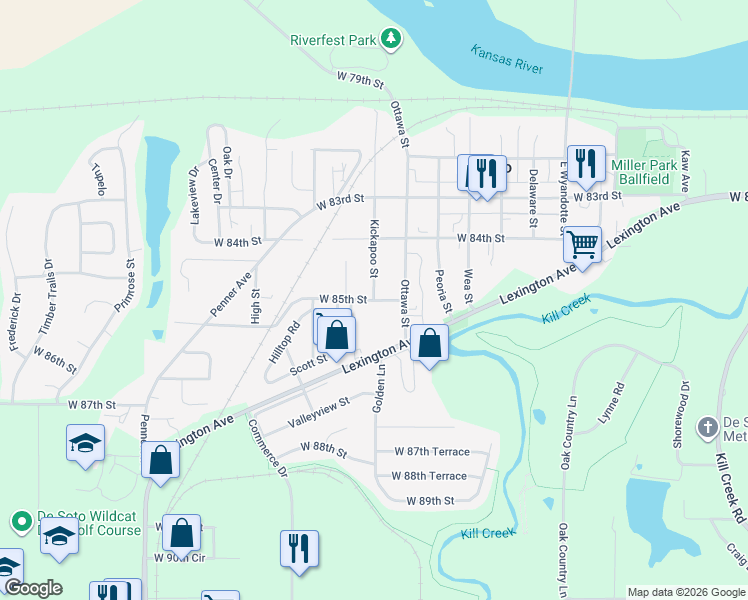 map of restaurants, bars, coffee shops, grocery stores, and more near 33525 West 85th Street in De Soto