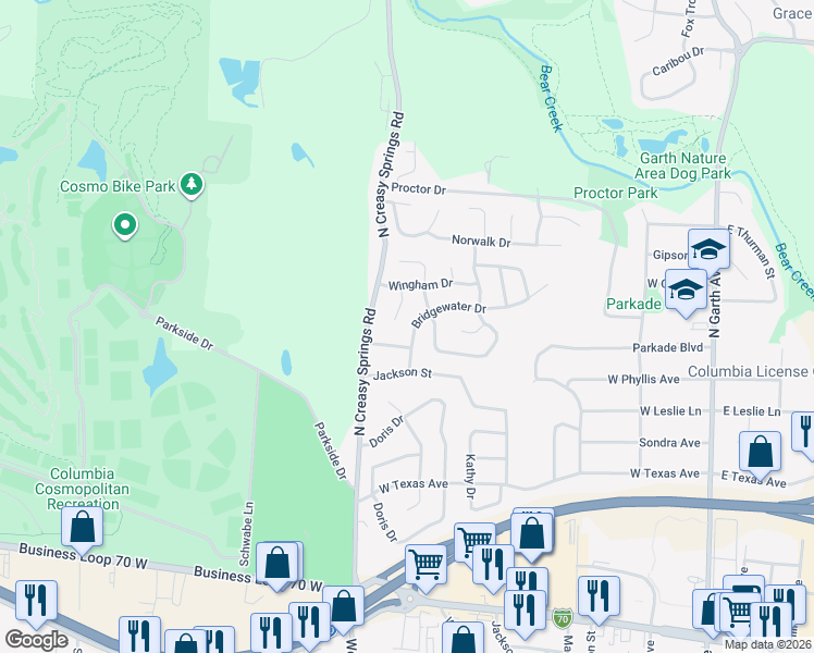 map of restaurants, bars, coffee shops, grocery stores, and more near 2009 Bridgewater Drive in Columbia