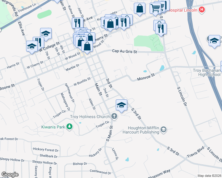 map of restaurants, bars, coffee shops, grocery stores, and more near 220 Dee Street in Troy