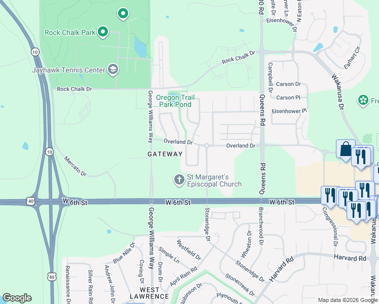 map of restaurants, bars, coffee shops, grocery stores, and more near 5614 Chimney Rocks Circle in Lawrence