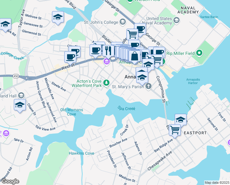 map of restaurants, bars, coffee shops, grocery stores, and more near 74 Conduit Street in Annapolis