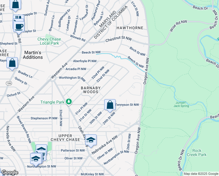map of restaurants, bars, coffee shops, grocery stores, and more near 6412 31st Street Northwest in Washington