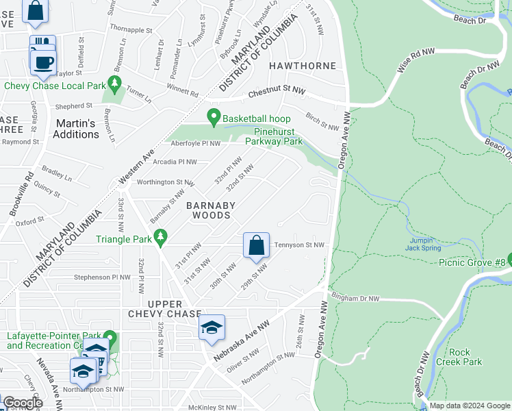 map of restaurants, bars, coffee shops, grocery stores, and more near 6412 31st Street Northwest in Washington
