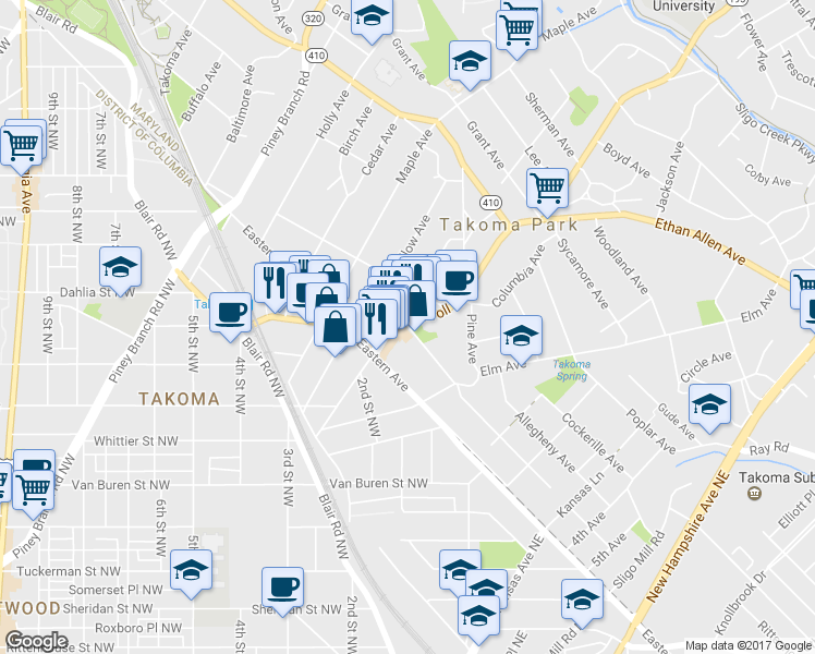 map of restaurants, bars, coffee shops, grocery stores, and more near 7008 Westmoreland Ave in Takoma Park