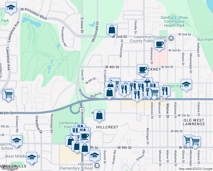 map of restaurants, bars, coffee shops, grocery stores, and more near 501 California Street in Lawrence
