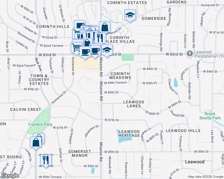 map of restaurants, bars, coffee shops, grocery stores, and more near 3600 West 85th Street in Leawood