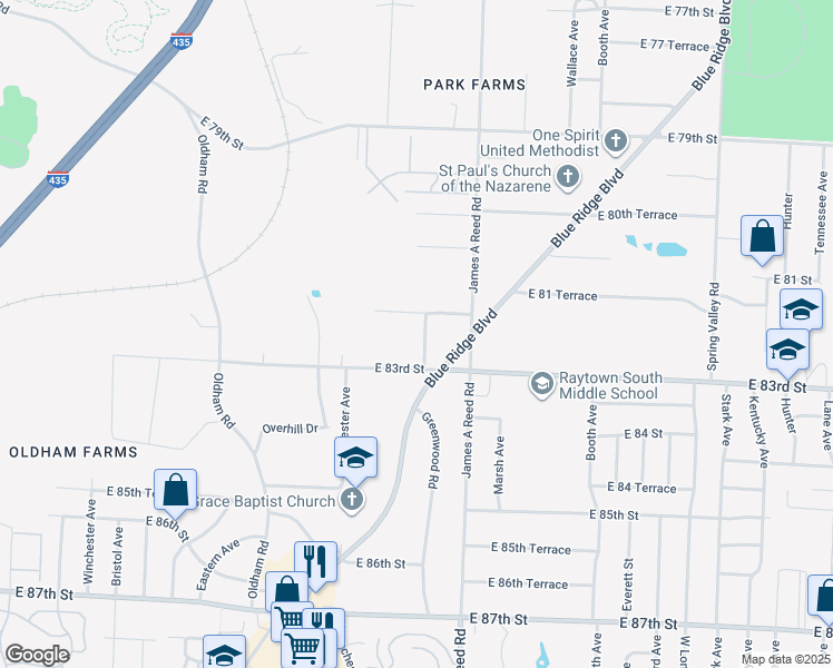 map of restaurants, bars, coffee shops, grocery stores, and more near 8208 Sycamore Avenue in Kansas City