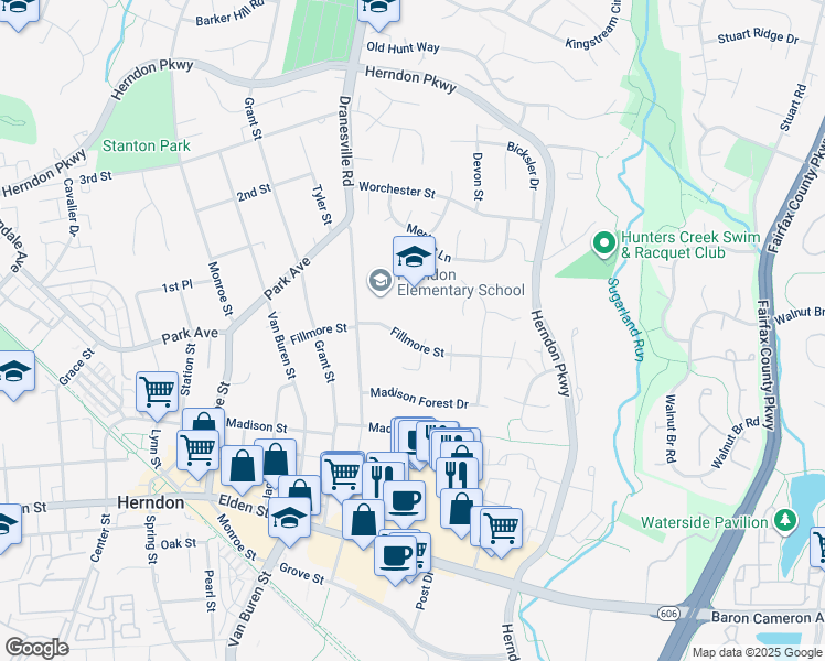 map of restaurants, bars, coffee shops, grocery stores, and more near 516 Fillmore Street in Herndon