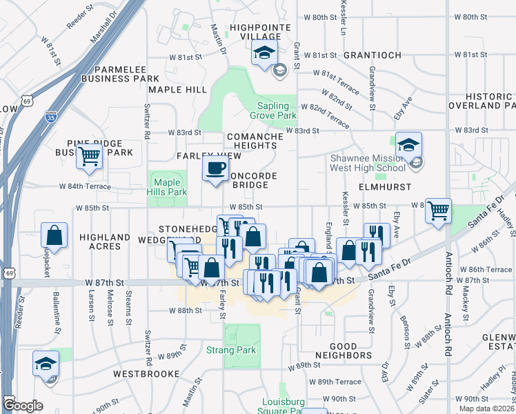 map of restaurants, bars, coffee shops, grocery stores, and more near 9505 West 85th Street in Overland Park
