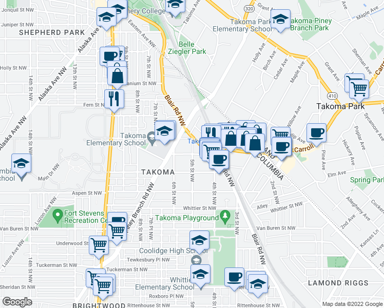 map of restaurants, bars, coffee shops, grocery stores, and more near 5th Street Northwest & Cedar Street Northwest in Washington