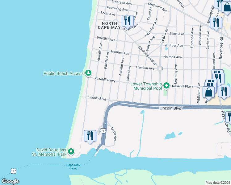 map of restaurants, bars, coffee shops, grocery stores, and more near 713 Adriatic Avenue in Lower Township