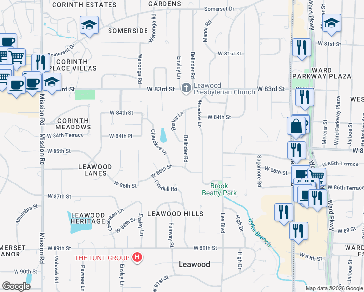 map of restaurants, bars, coffee shops, grocery stores, and more near 8504 Belinder Road in Leawood