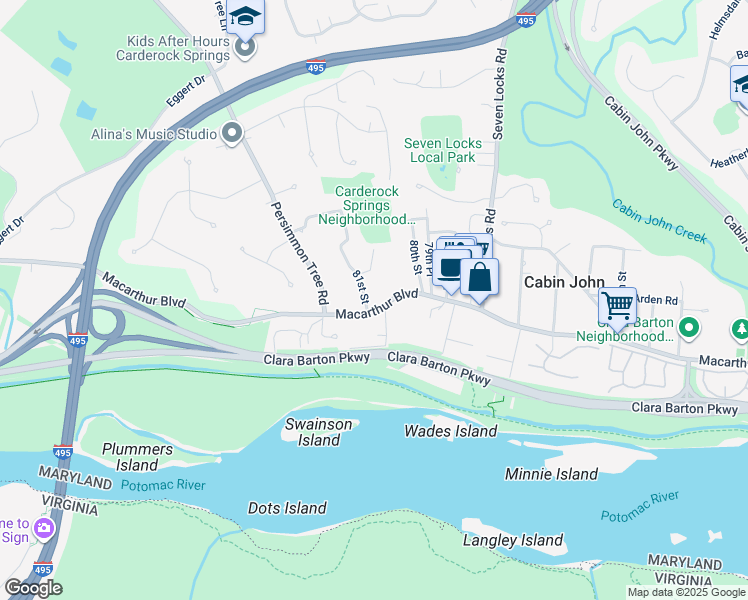 map of restaurants, bars, coffee shops, grocery stores, and more near 8033 Macarthur Boulevard in Cabin John