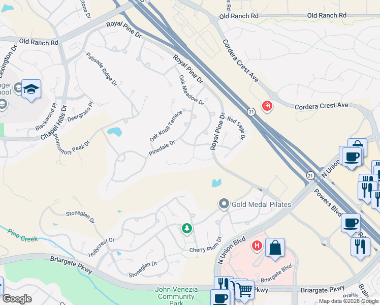 map of restaurants, bars, coffee shops, grocery stores, and more near 3718 Tuscanna Grove in Colorado Springs