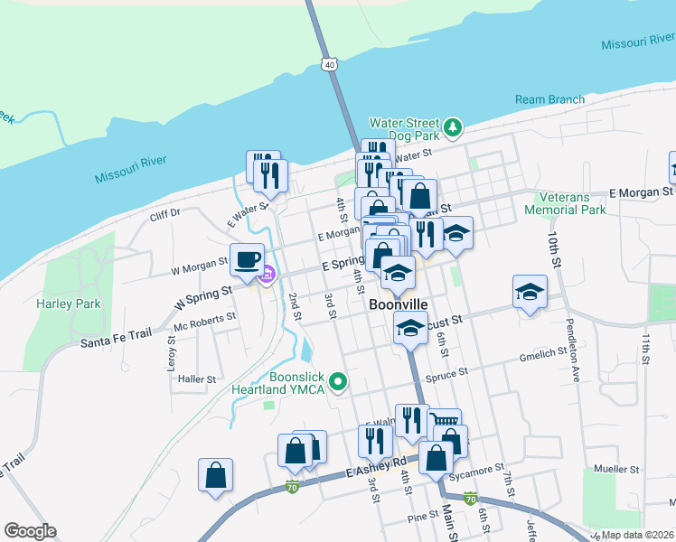 map of restaurants, bars, coffee shops, grocery stores, and more near 408 3rd Street in Boonville