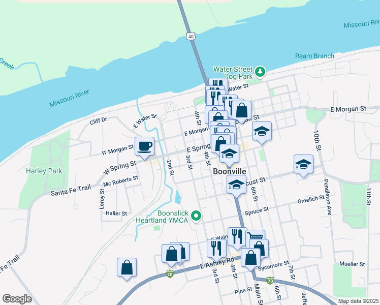 map of restaurants, bars, coffee shops, grocery stores, and more near 408 3rd Street in Boonville
