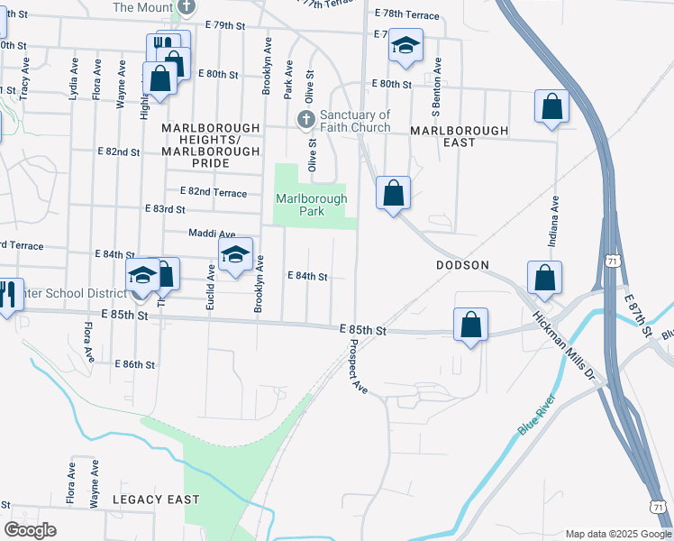 map of restaurants, bars, coffee shops, grocery stores, and more near 8400 Prospect Avenue in Kansas City